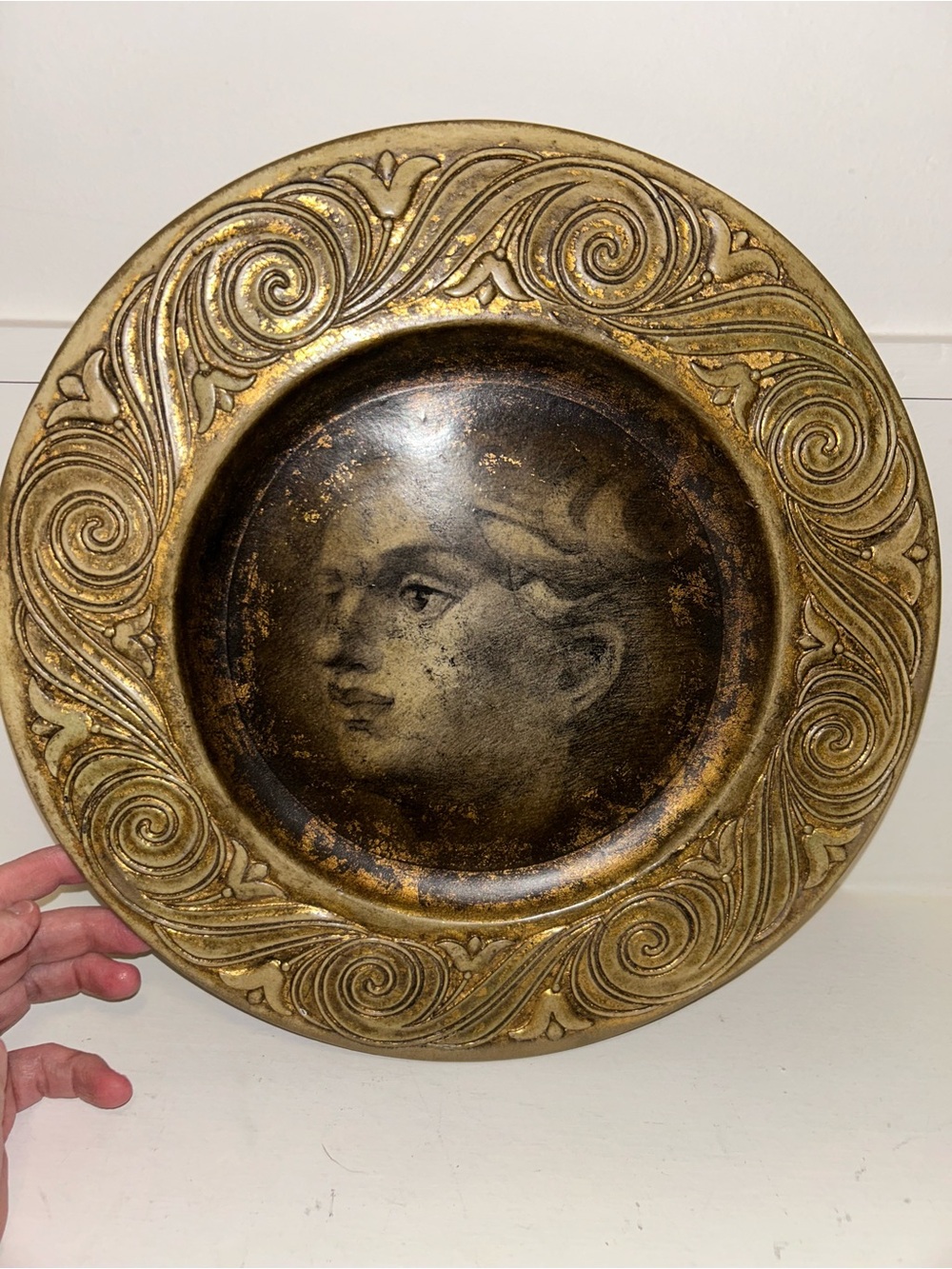 Ornate Gold Decorative resin Plate with Classical Portrait 10 inches around.